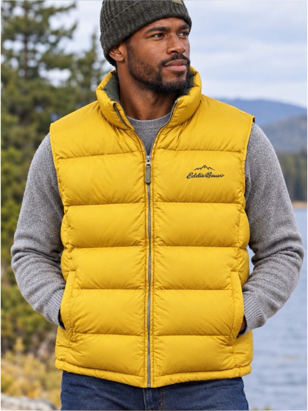Eddie Bauer - Men's Premium Goose Down Puffer Vest Size XL Mustard Yellow/Gold